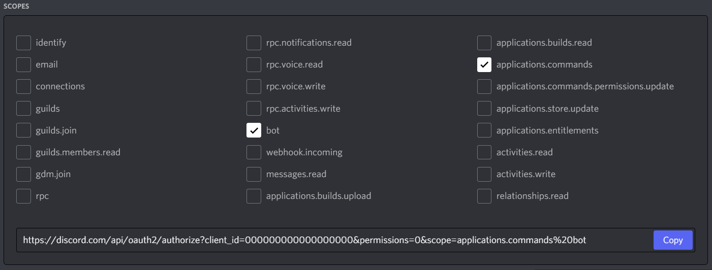 The scopes checkbox with "bot" and "applications.commands" ticked.